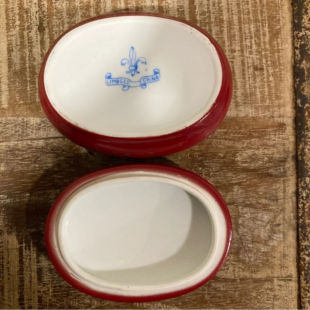 Limoges China Trinket Box with Rococo Couple – Red & Gold Oval Shaped